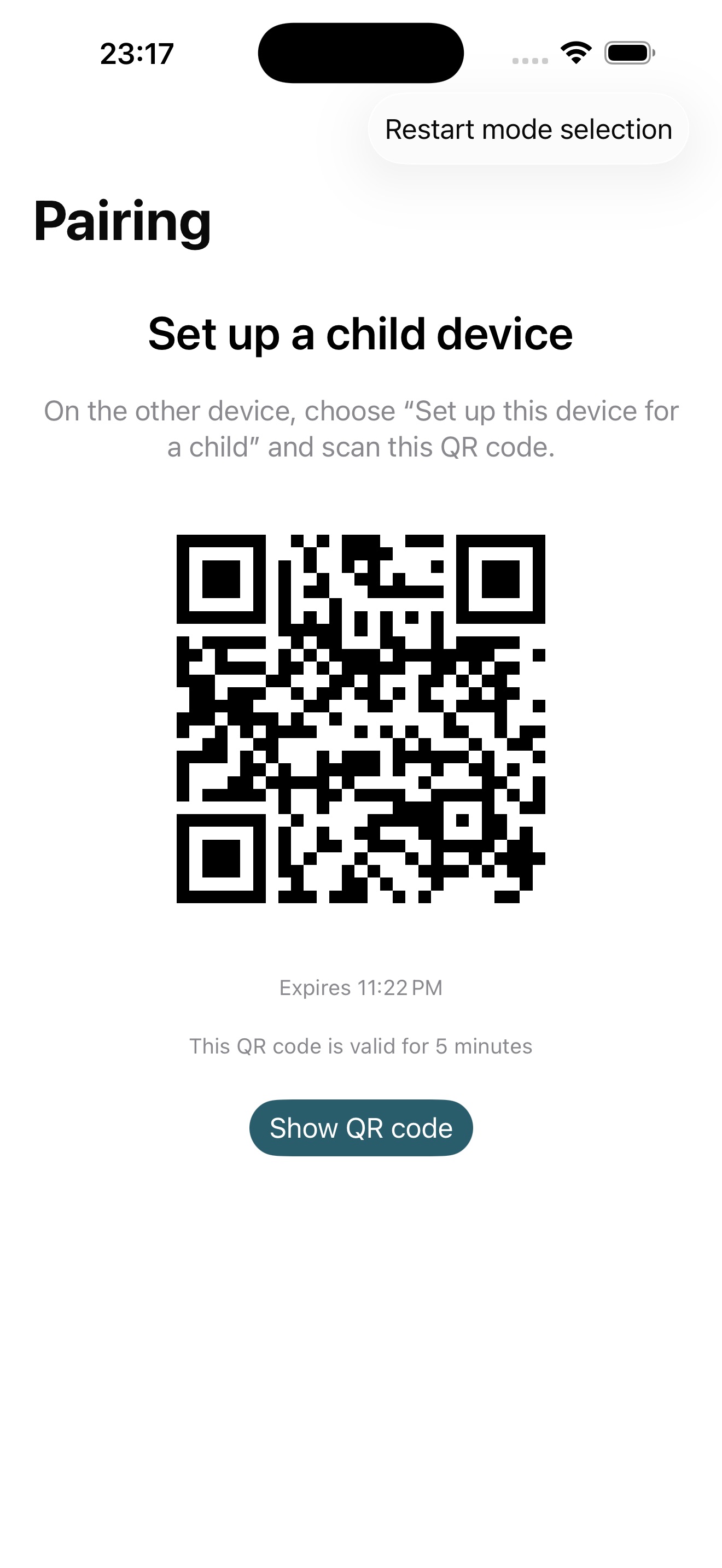 Sample QR pairing screen (demo only)